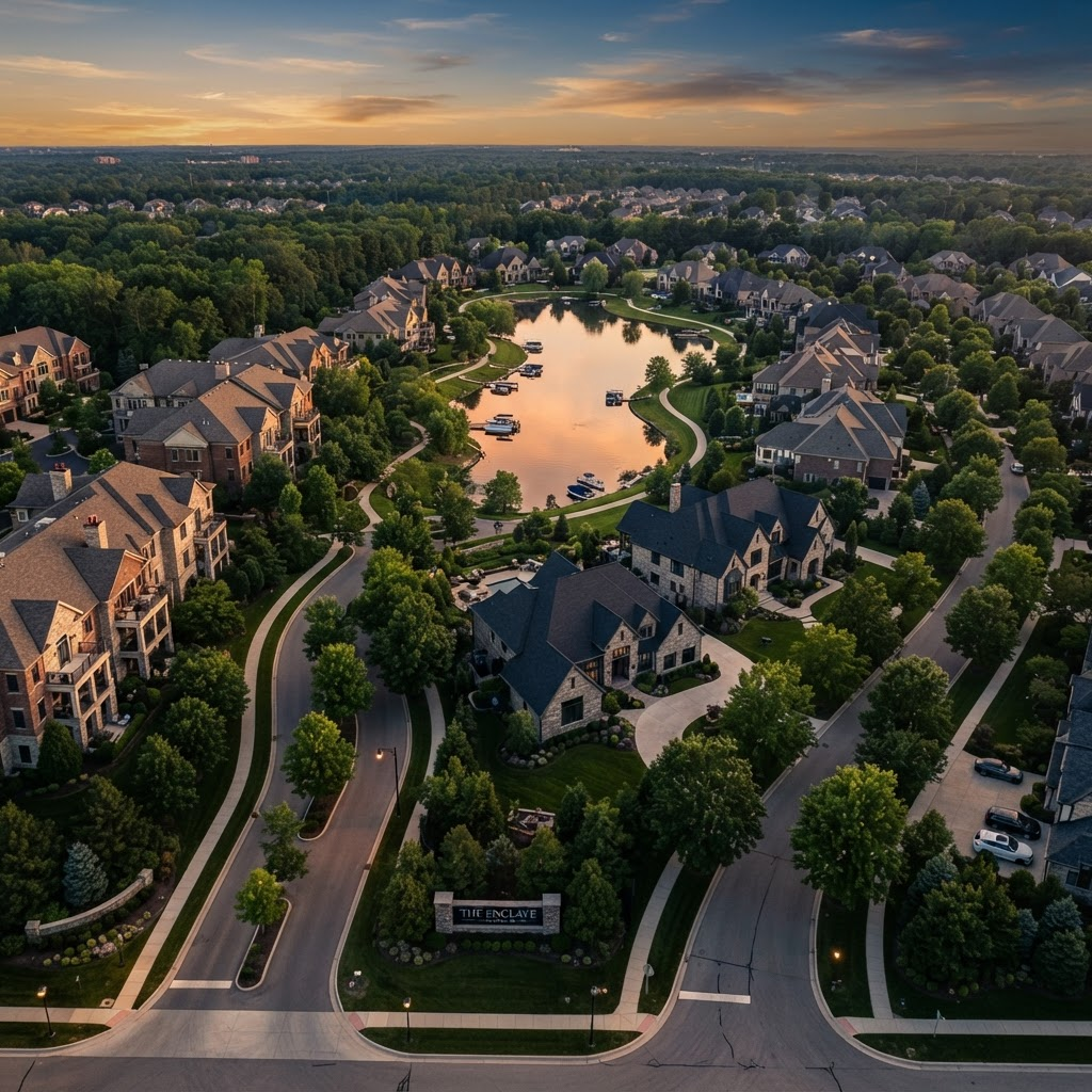 Aerial view of a managed Michigan community at golden hour